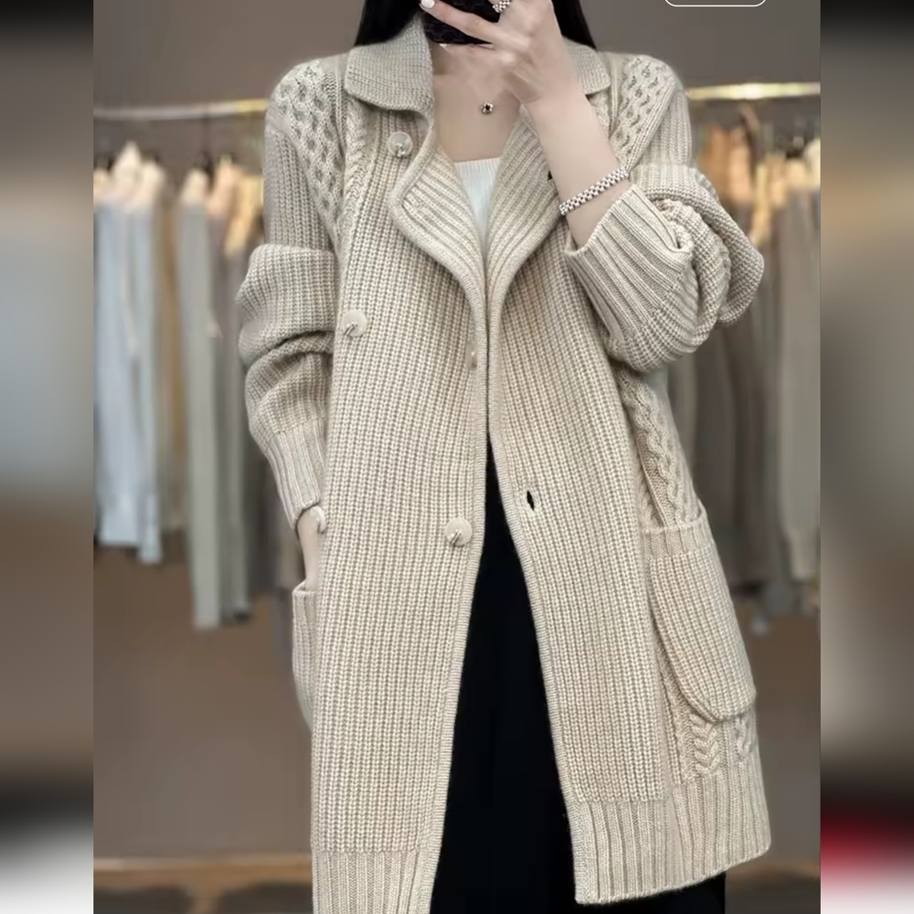 cardigan women's lace-up suit collar thick loose mid-length  sweate - Picture 9 of 9